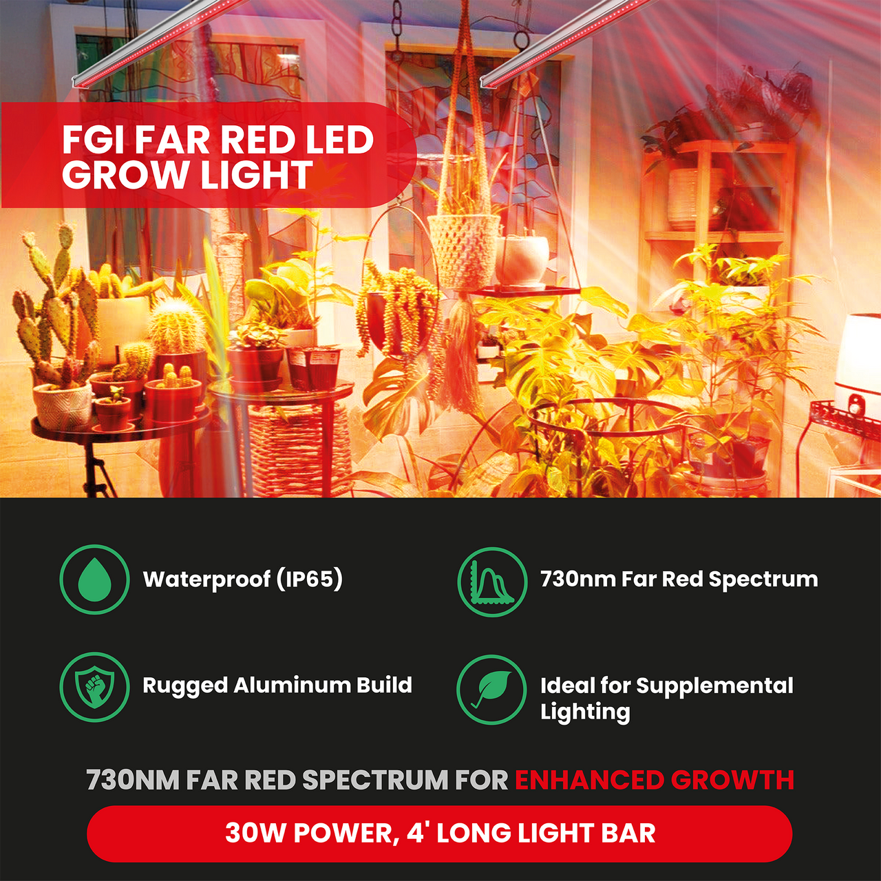 FGI Far Red LED Grow Light. 700-760nm Spectrum. 4’ long. Premium Quality. W/ 8’ power cord.