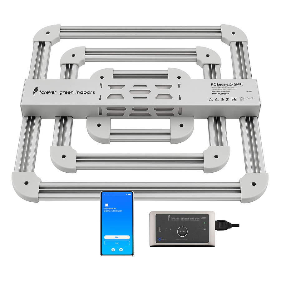 3x3 LED plant grow light by Forever Green Indoors. Includes a WiFi/ble connected controller. 
