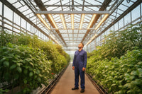 Thumbnail for Gardening scene with plants and lights inside a greenhouse.