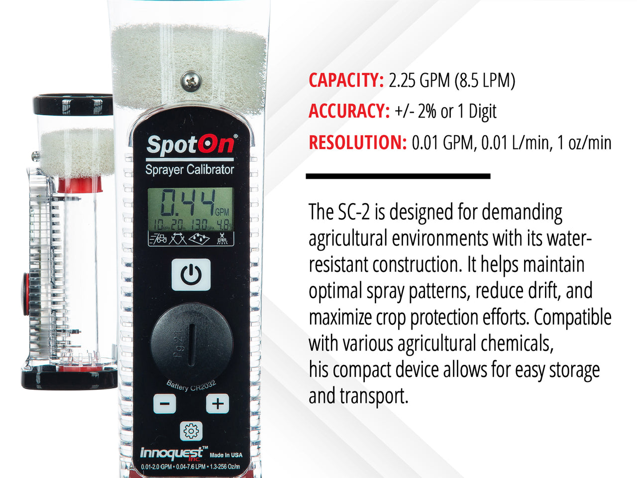 SpotOn SC-2 Sprayer Calibrator - Quickly Check Flow Rate of Sprayer Nozzles. Digital Nozzle Flow Meter for Precise Chemical Application - Pesticide & Fertilizer Rate Calculator -