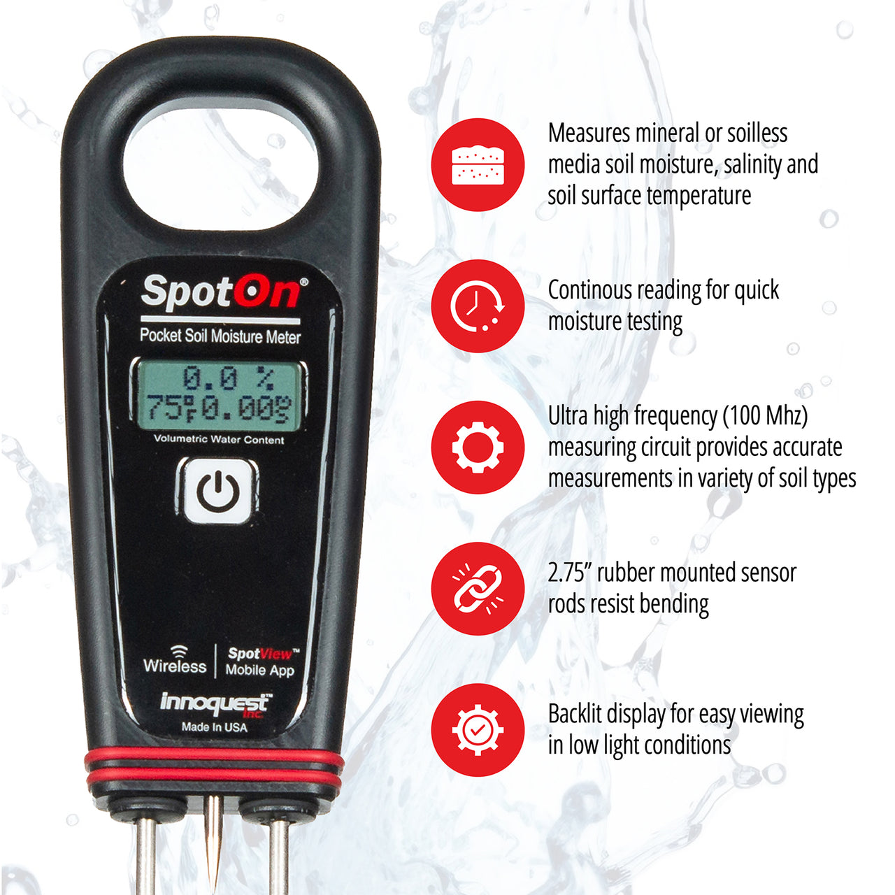 SpotOn Pocket Soil Moisture, EC and Temperature Meter with Bluetooth App Connectivity. For analyzing issues in grow medium watering and feeding.